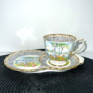 1950’s Royal Albert Silver Birch 8” Tennis Plate & Cup Gold Trim EUC